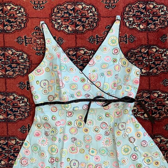 Becky & Max 4 Pale Blue Colorful Circle Print Black Trim Stretch Cotton Sundress - Picture 2 of 6